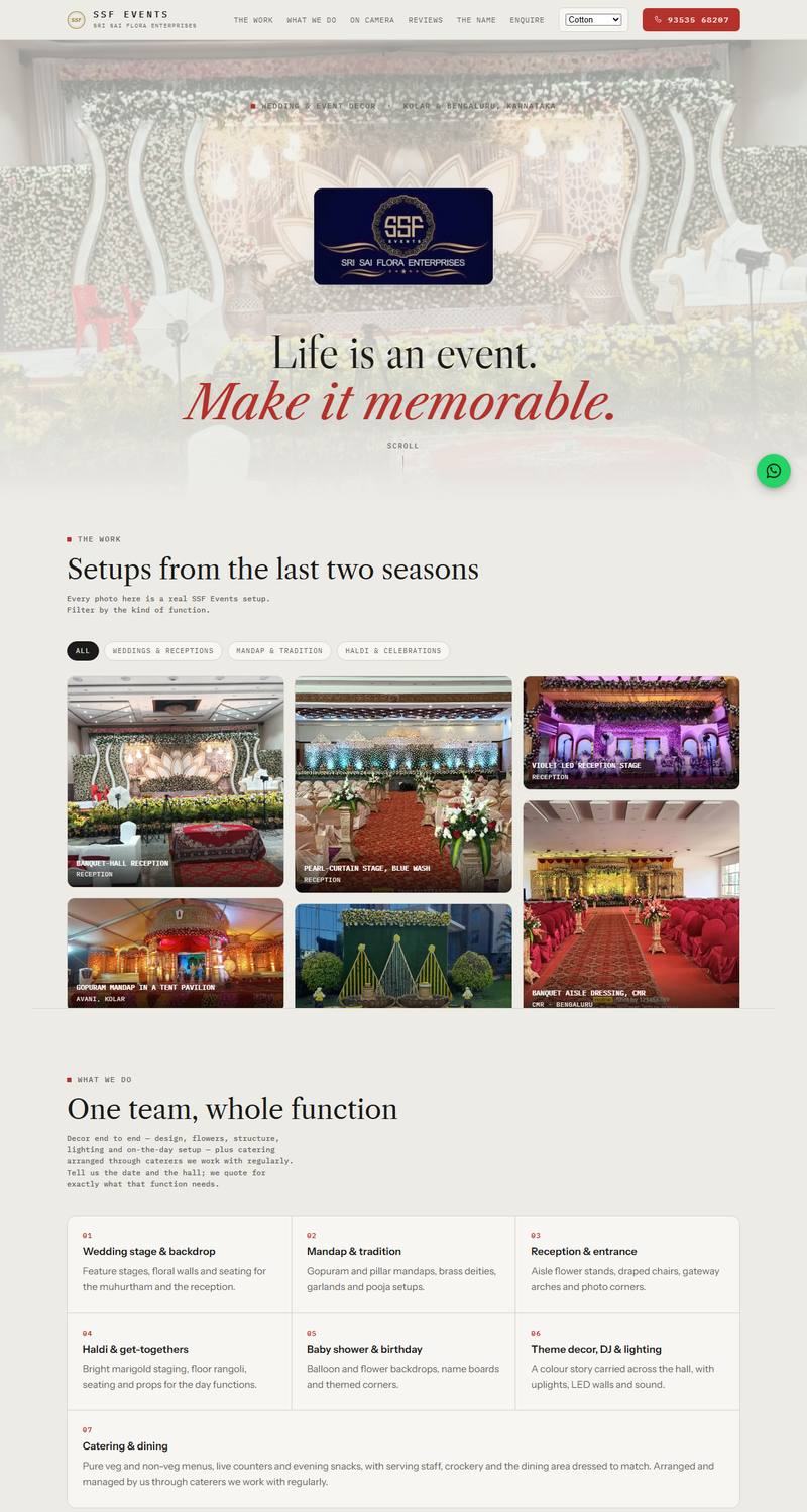 SSF Events website: homepage, gallery of stage setups and list of decor services